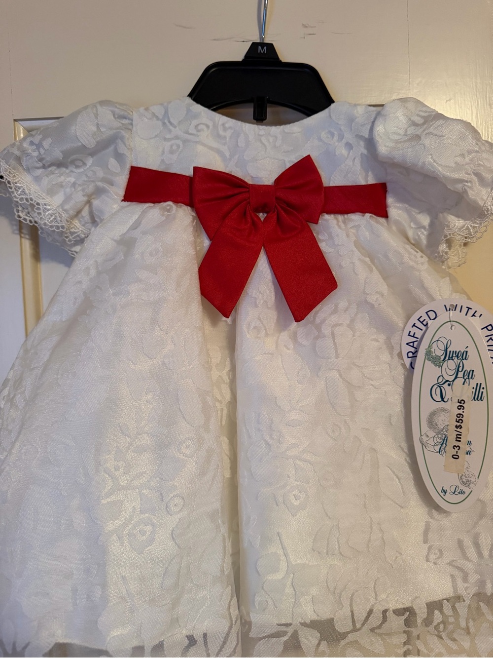 White Fancy Baby Dress with Red Bow